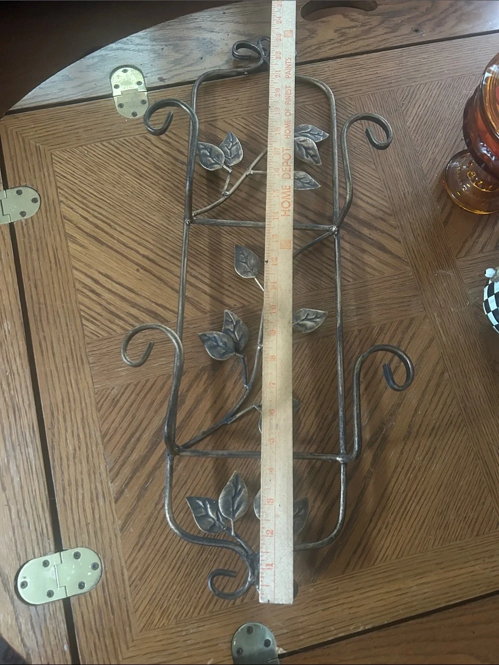 Vintage Wrought Iron Wall Plate Display Rack with Leaf Motif in Aged Bronze